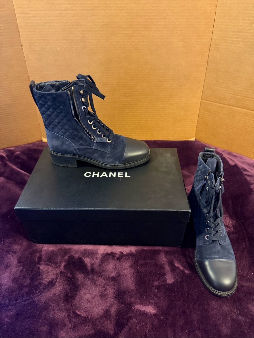 CHANEL Navy Quilted Suede Lace-Up Combat Boots 40 9/10